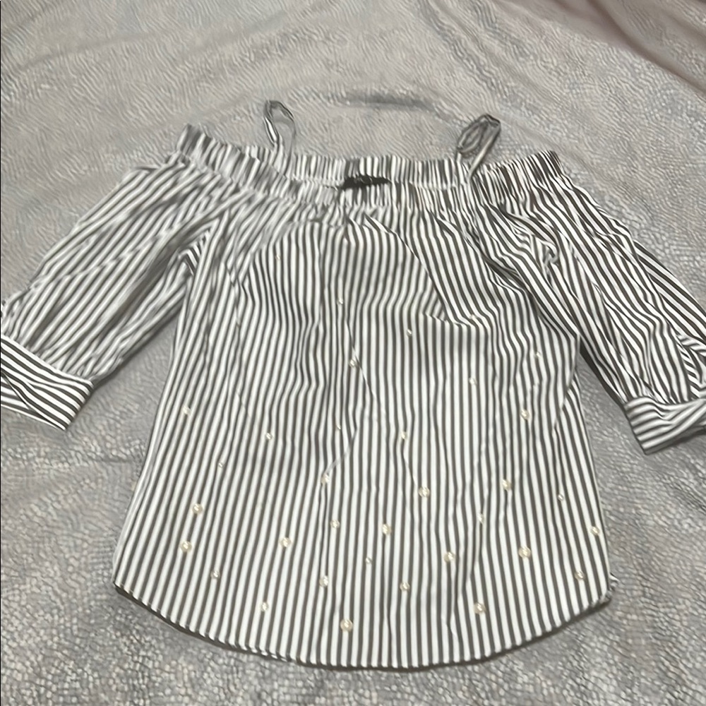 Black and White Smocked Off-Shoulder Blouse with 3/4 Sleeves